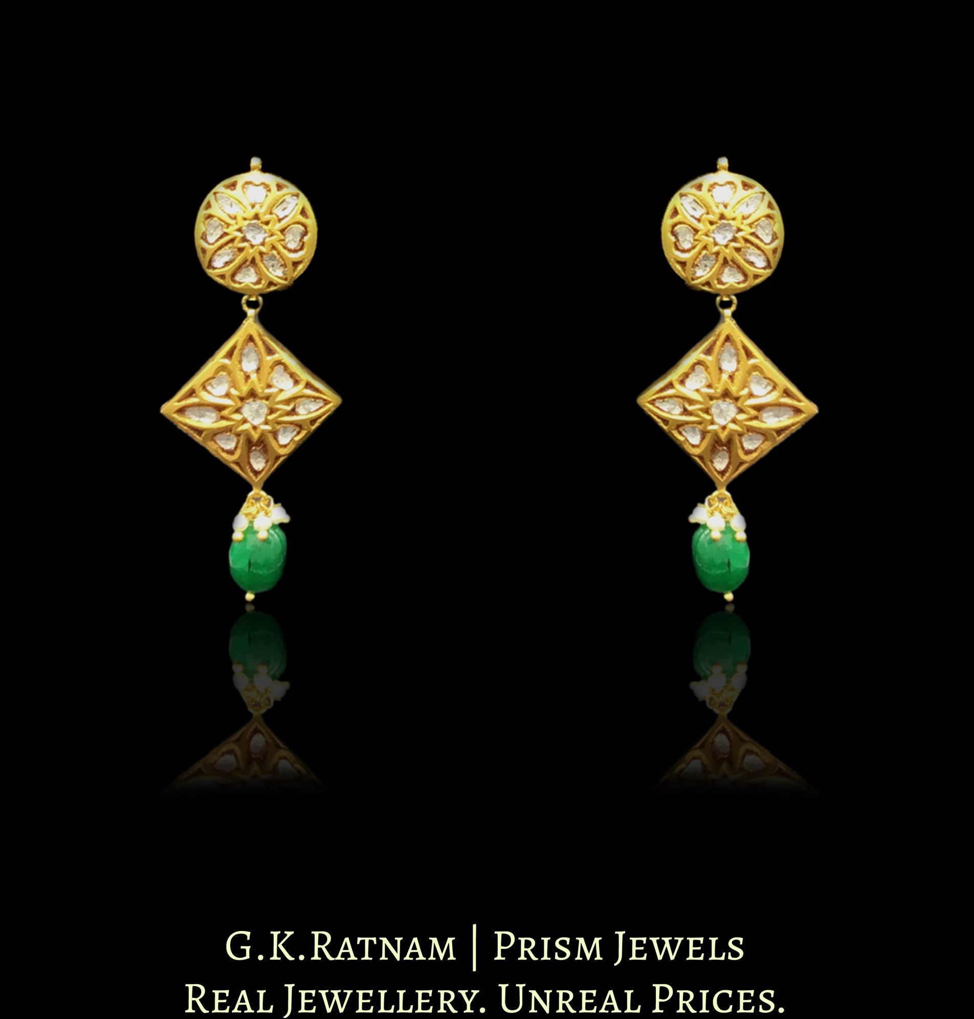23k Gold and Diamond Polki square Choker Necklace Set with pear uncut hangings - G. K. Ratnam
