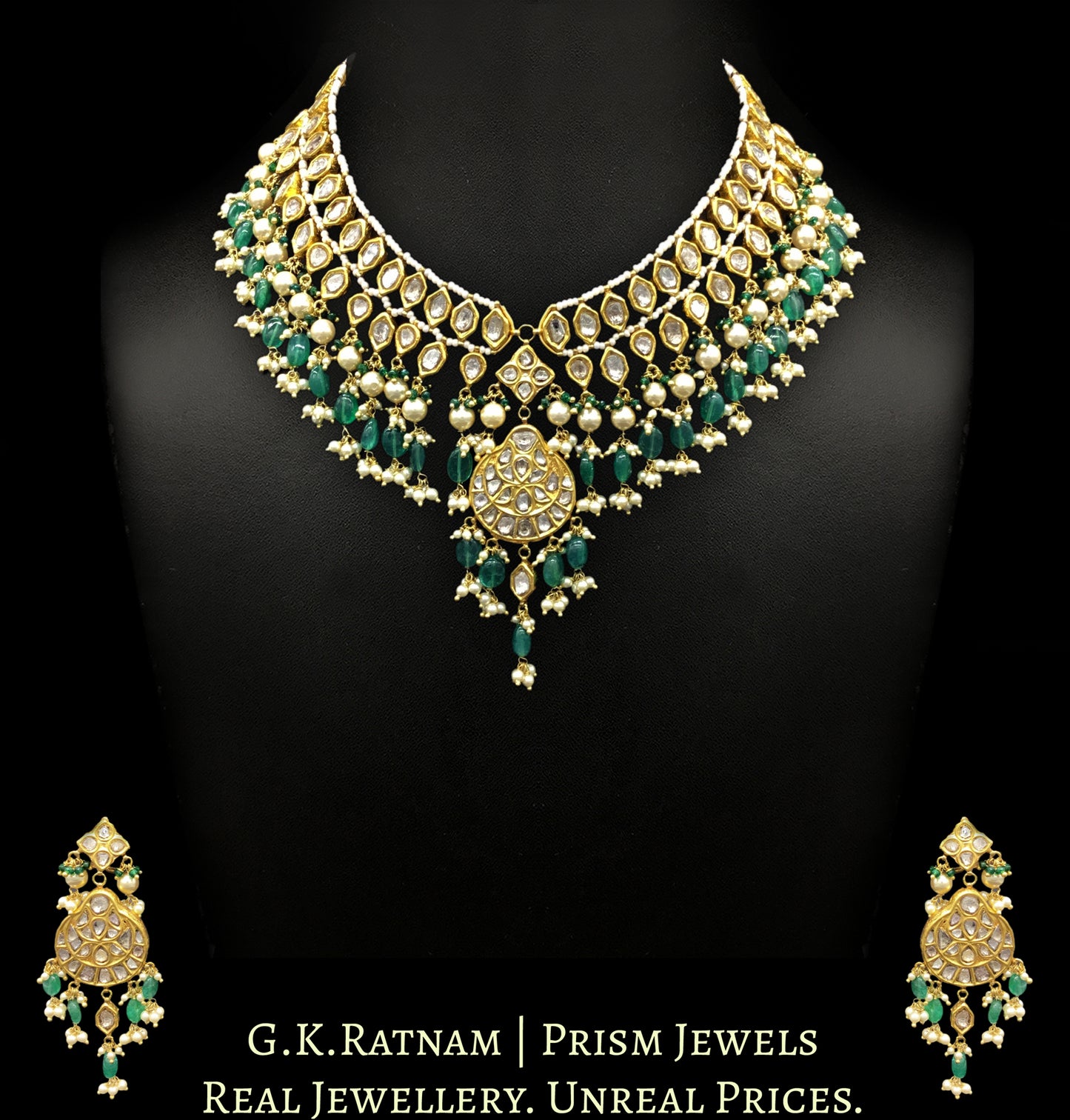 23k Gold and Diamond Polki Matha Patti cum Necklace Set with pearls and green beryls