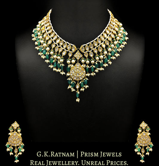 23k Gold and Diamond Polki Matha Patti cum Necklace Set with pearls and green beryls