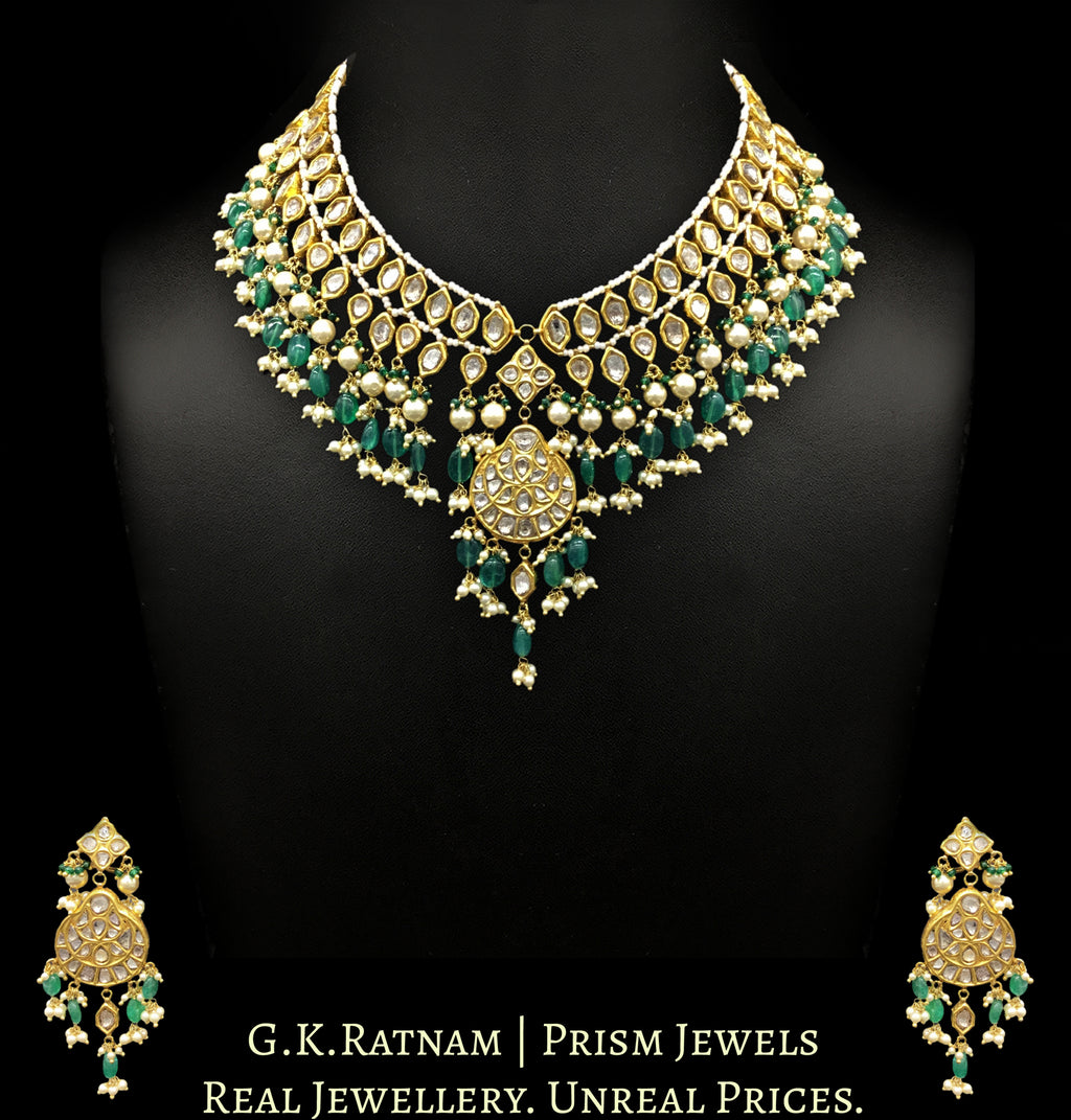 23k Gold and Diamond Polki Matha Patti cum Necklace Set with pearls and green beryls