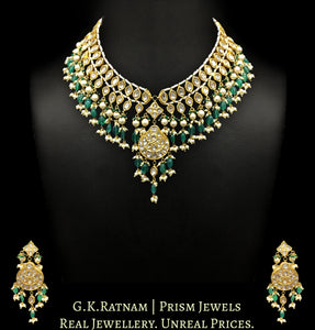 23k Gold and Diamond Polki Matha Patti cum Necklace Set with pearls and green beryls