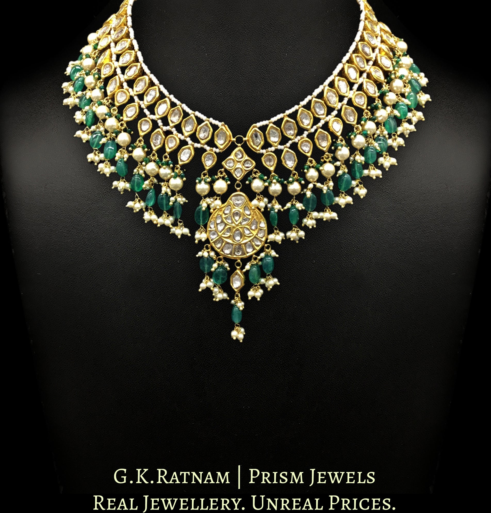23k Gold and Diamond Polki Matha Patti cum Necklace Set with pearls and green beryls