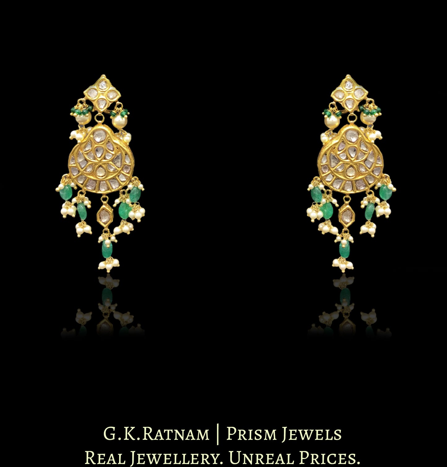 23k Gold and Diamond Polki Matha Patti cum Necklace Set with pearls and green beryls
