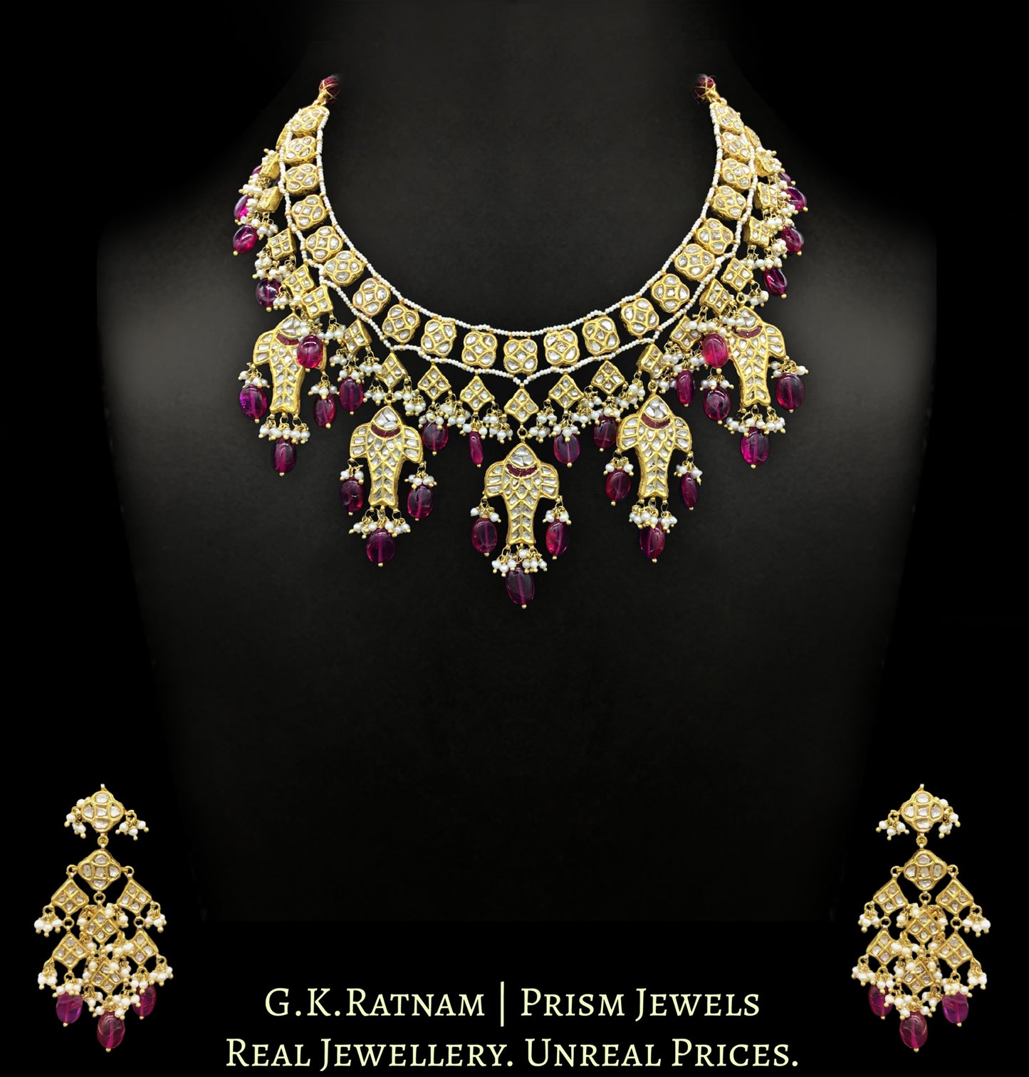 23k Gold and Diamond Polki Necklace Set with fishes and ruby-red bean-shaped beads - G. K. Ratnam