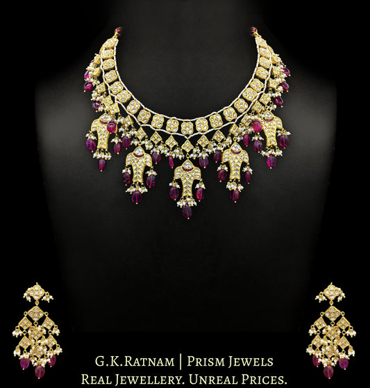 23k Gold and Diamond Polki Necklace Set with fishes and ruby-red bean-shaped beads - G. K. Ratnam