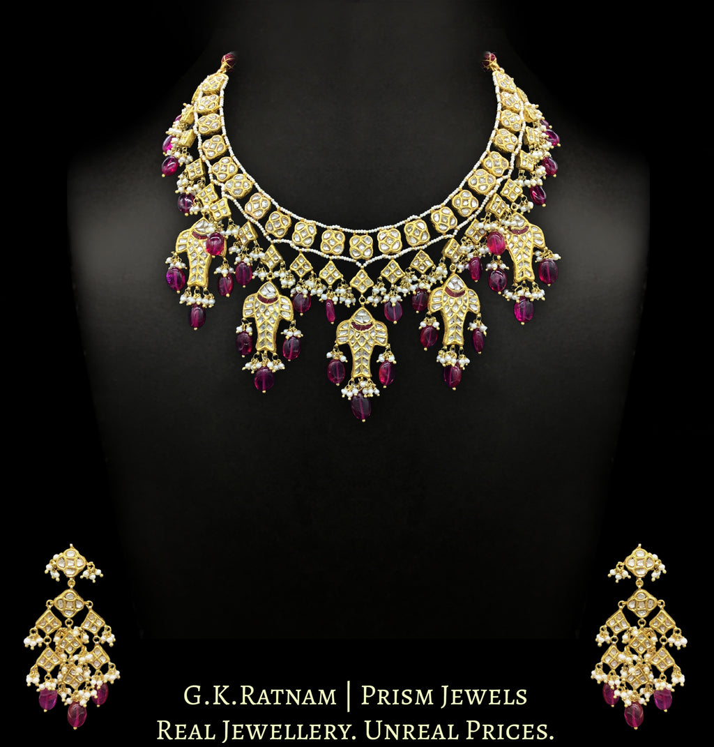 23k Gold and Diamond Polki Necklace Set with fishes and ruby-red bean-shaped beads - G. K. Ratnam