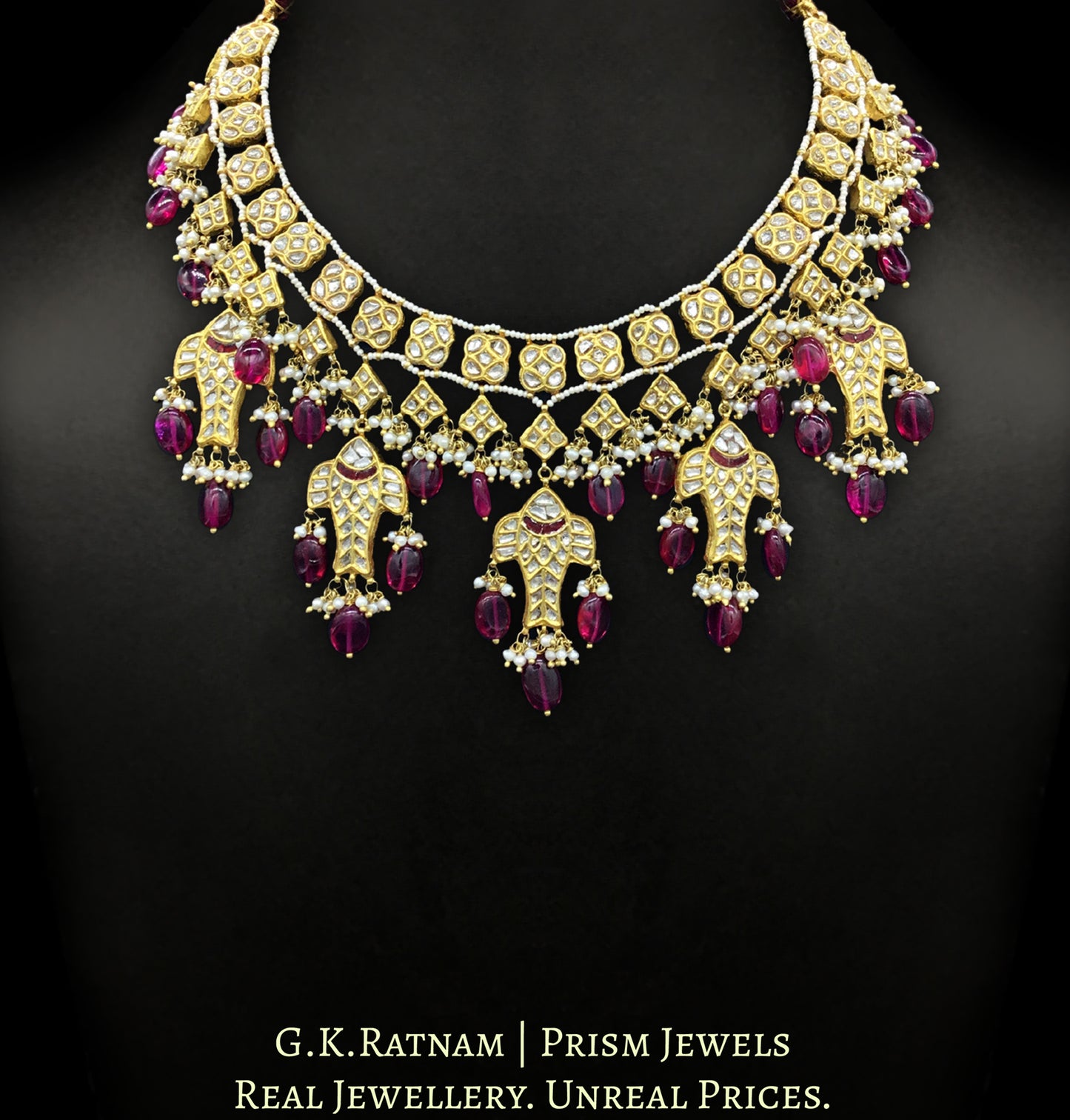 23k Gold and Diamond Polki Necklace Set with fishes and ruby-red bean-shaped beads - G. K. Ratnam