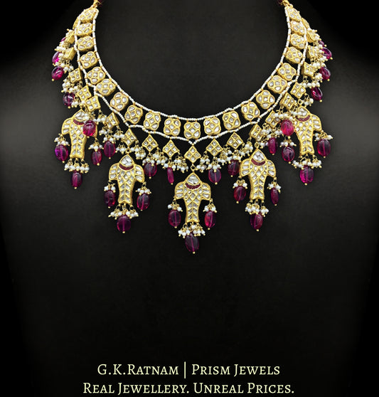 23k Gold and Diamond Polki Necklace Set with fishes and ruby-red bean-shaped beads - G. K. Ratnam