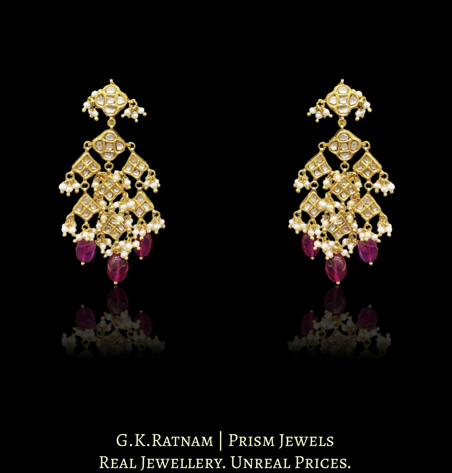 23k Gold and Diamond Polki Necklace Set with fishes and ruby-red bean-shaped beads - G. K. Ratnam