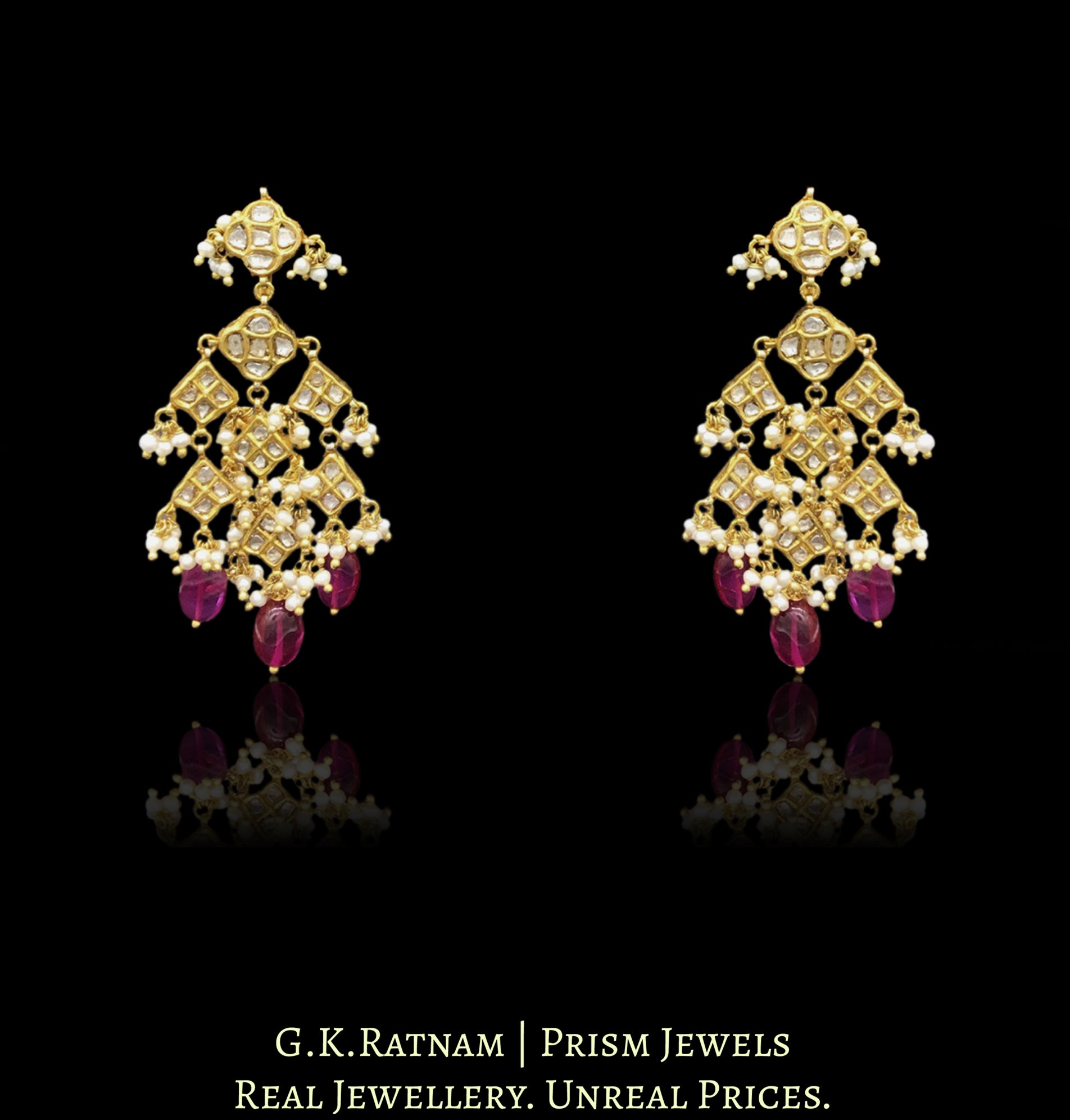 23k Gold and Diamond Polki Necklace Set with fishes and ruby-red bean-shaped beads - G. K. Ratnam