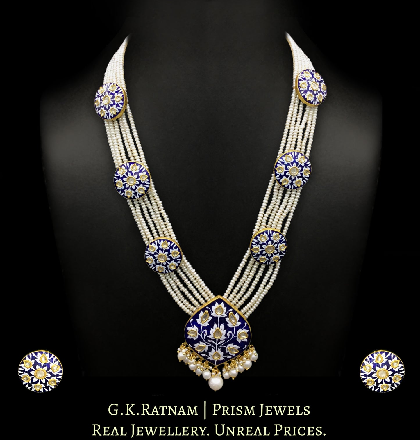 23k Gold and Diamond Polki Long Necklace Set with exquisite royal blue pottery