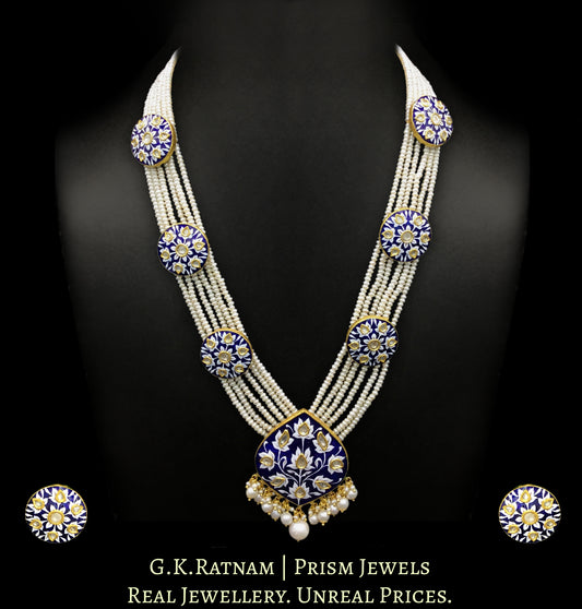 23k Gold and Diamond Polki Long Necklace Set with exquisite royal blue pottery