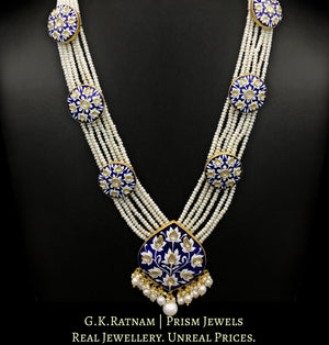 23k Gold and Diamond Polki Long Necklace Set with exquisite royal blue pottery