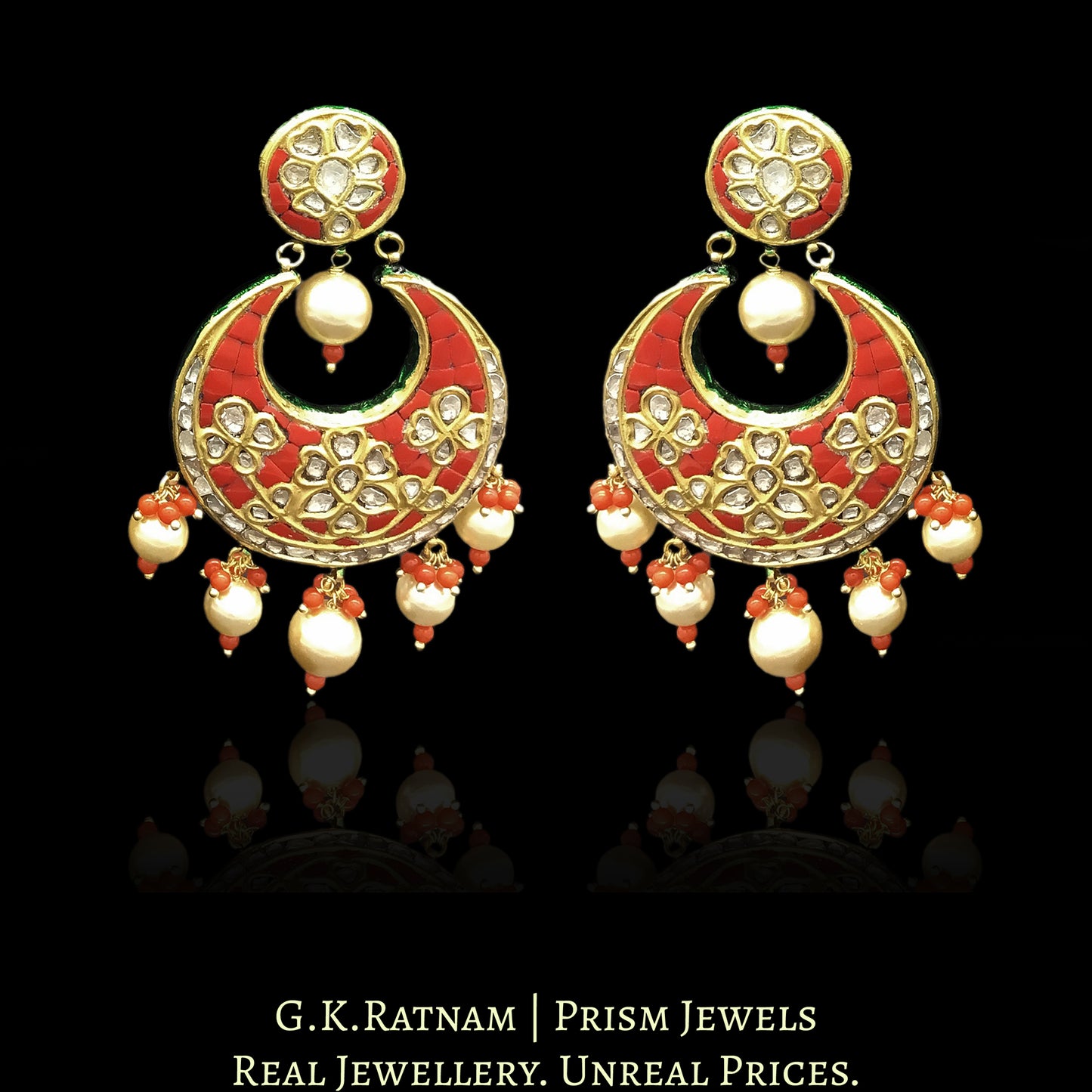 23k Gold and Diamond Polki Chand Bali Earring Pair with Coral setting - G. K. Ratnam