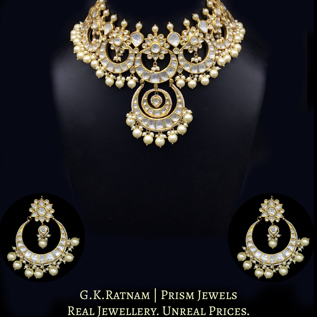 18k Gold and Diamond Polki Choker Necklace Set enhanced with south-sea-grade pearls