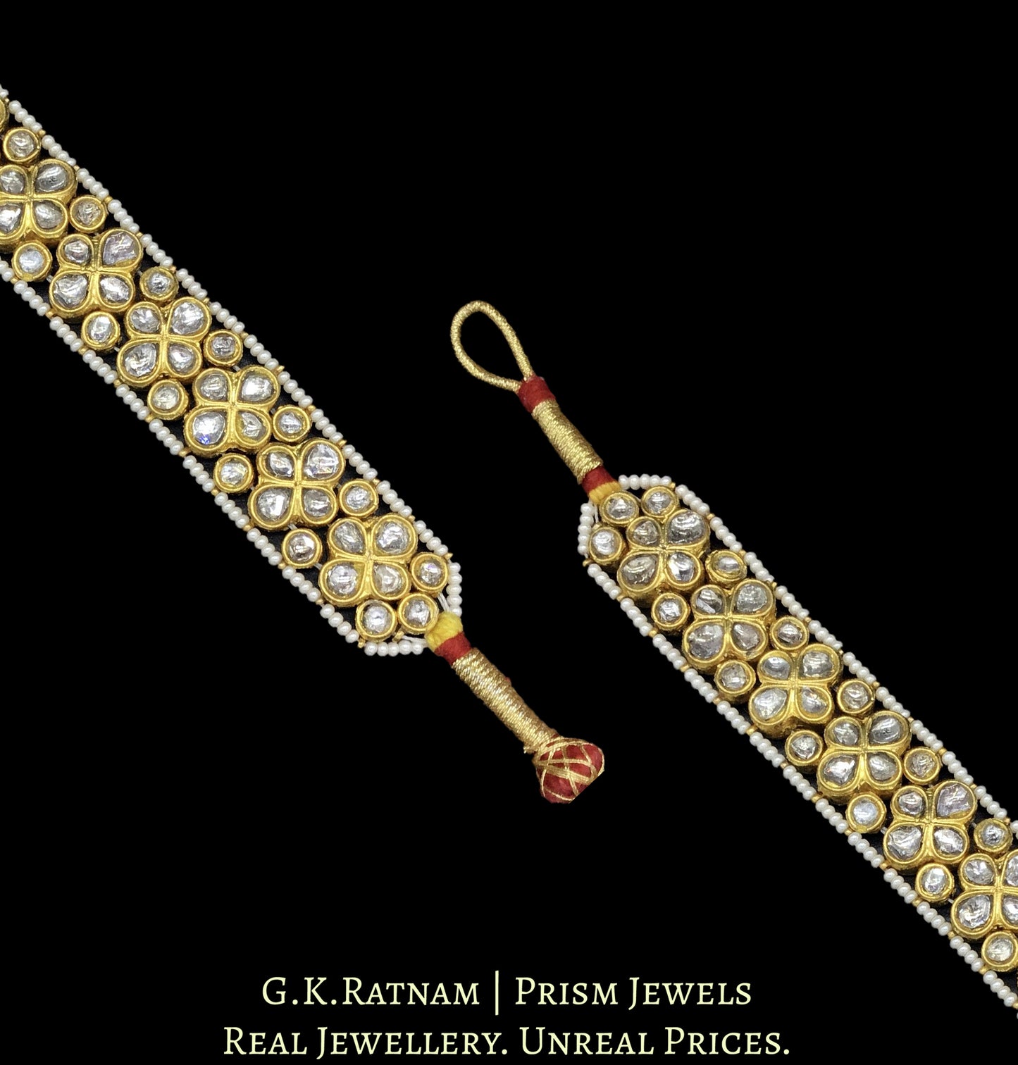 23k Gold and Diamond Polki Paunchi / Ponchi style Bracelet Pair with Floral Uncut Pieces - G. K. Ratnam