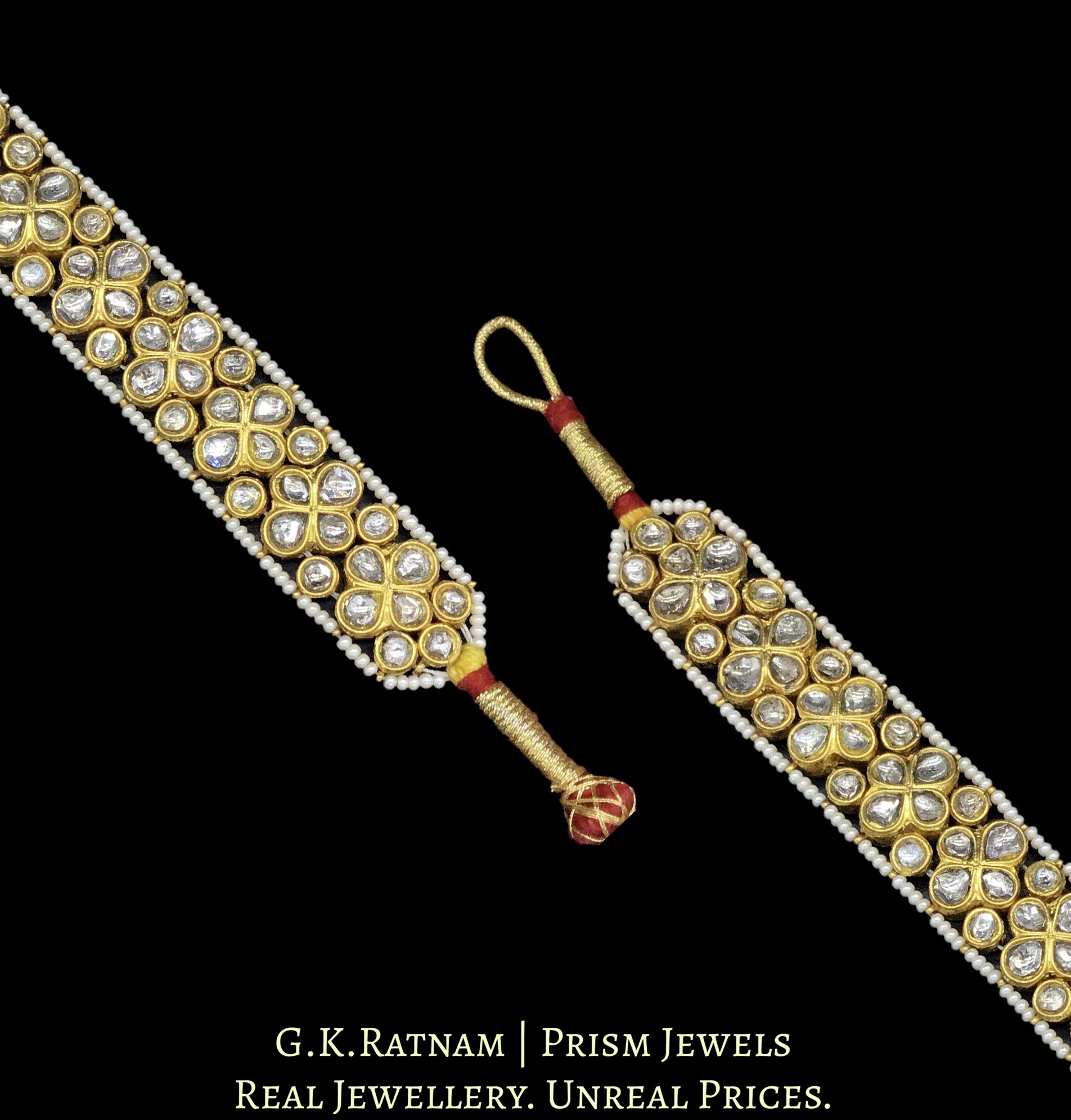 23k Gold and Diamond Polki Paunchi / Ponchi style Bracelet Pair with Floral Uncut Pieces - G. K. Ratnam