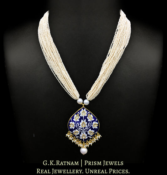 23k Gold and Diamond Polki boat-shaped Pendant Set with fine blue and white enamelling