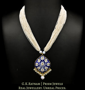 23k Gold and Diamond Polki boat-shaped Pendant Set with fine blue and white enamelling