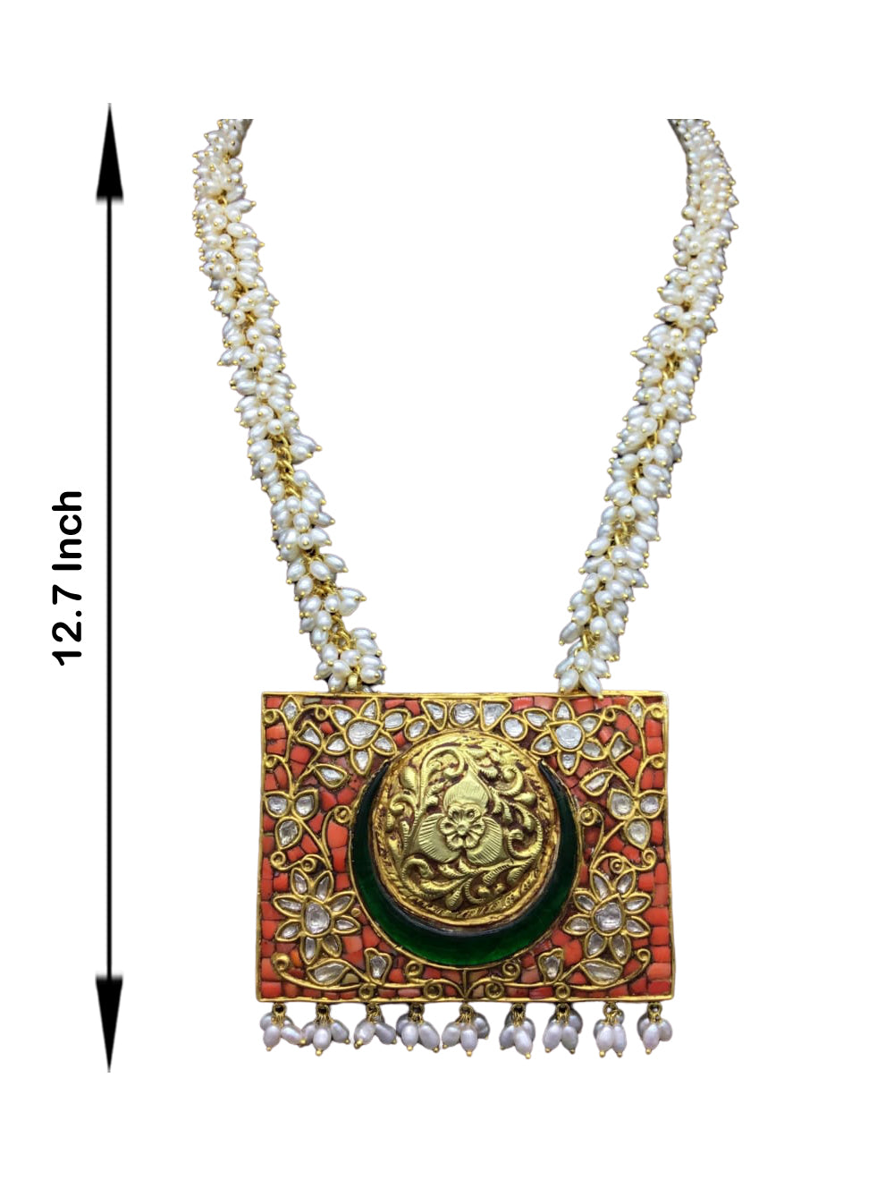 18k Gold and Diamond Polki rectangle Coral Pendant with Natural Hyderabadi Pearls