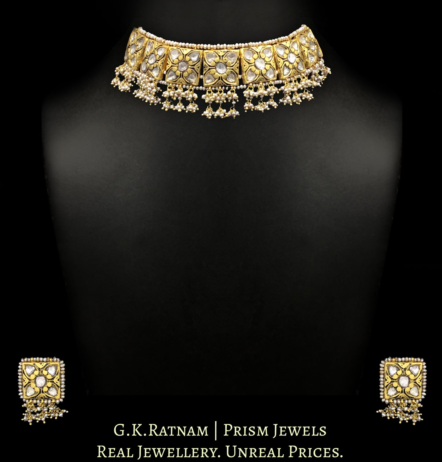 23k Gold and Diamond Polki square pieces Choker Necklace Set with antiqued hyderabadi pearls