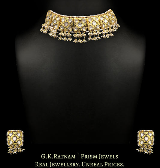 23k Gold and Diamond Polki square pieces Choker Necklace Set with antiqued hyderabadi pearls