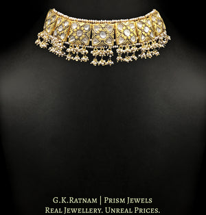 23k Gold and Diamond Polki square pieces Choker Necklace Set with antiqued hyderabadi pearls