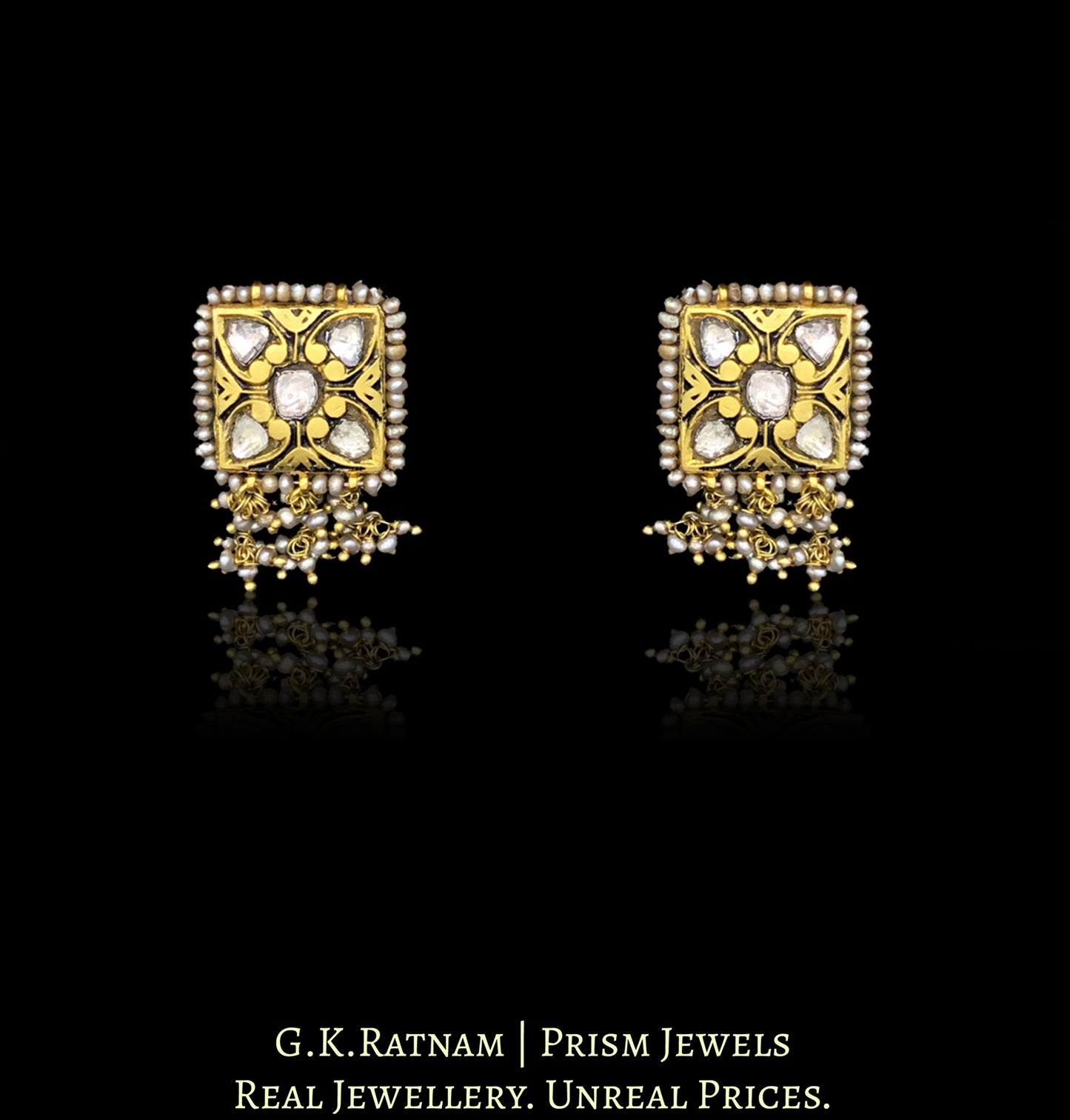 23k Gold and Diamond Polki square pieces Choker Necklace Set with antiqued hyderabadi pearls