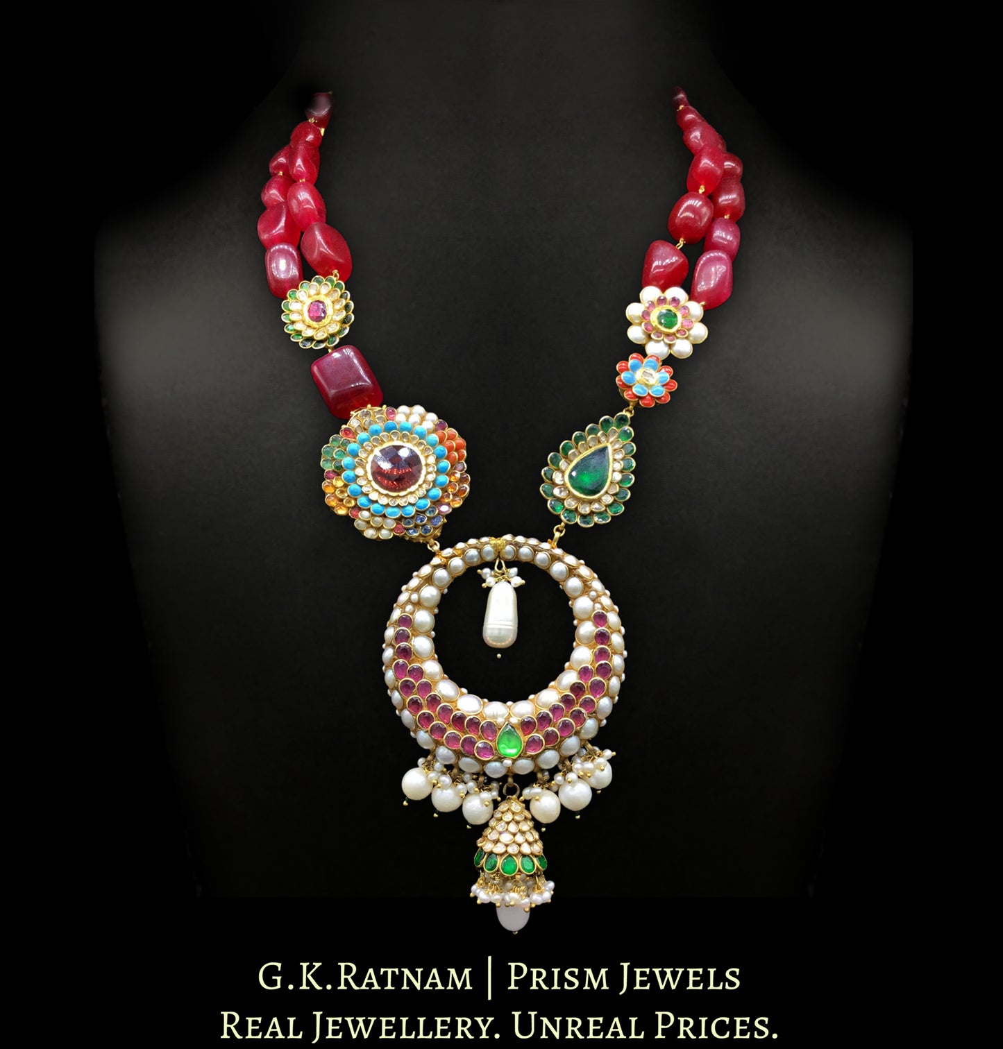 23k Gold and Diamond Polki red-dominant hybrid Necklace with pacchi work tikdas