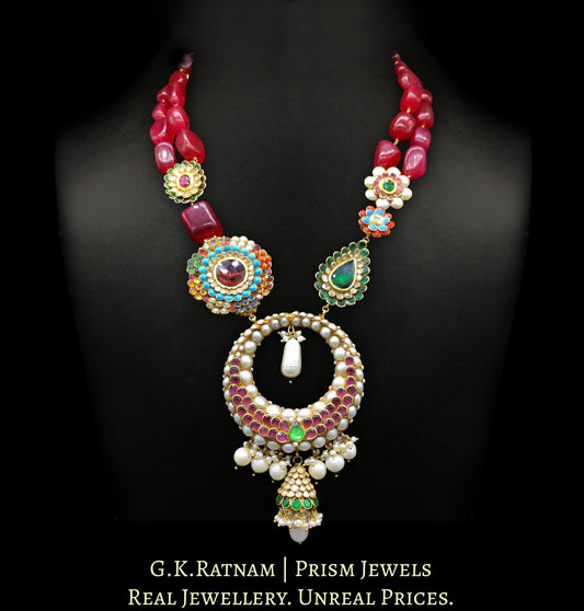 23k Gold and Diamond Polki red-dominant hybrid Necklace with pacchi work tikdas
