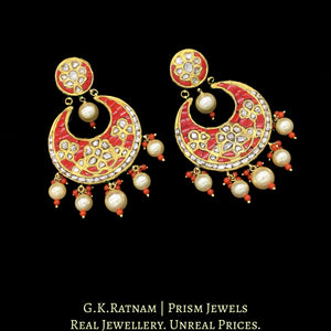 23k Gold and Diamond Polki Chand Bali Earring Pair with Coral setting - G. K. Ratnam