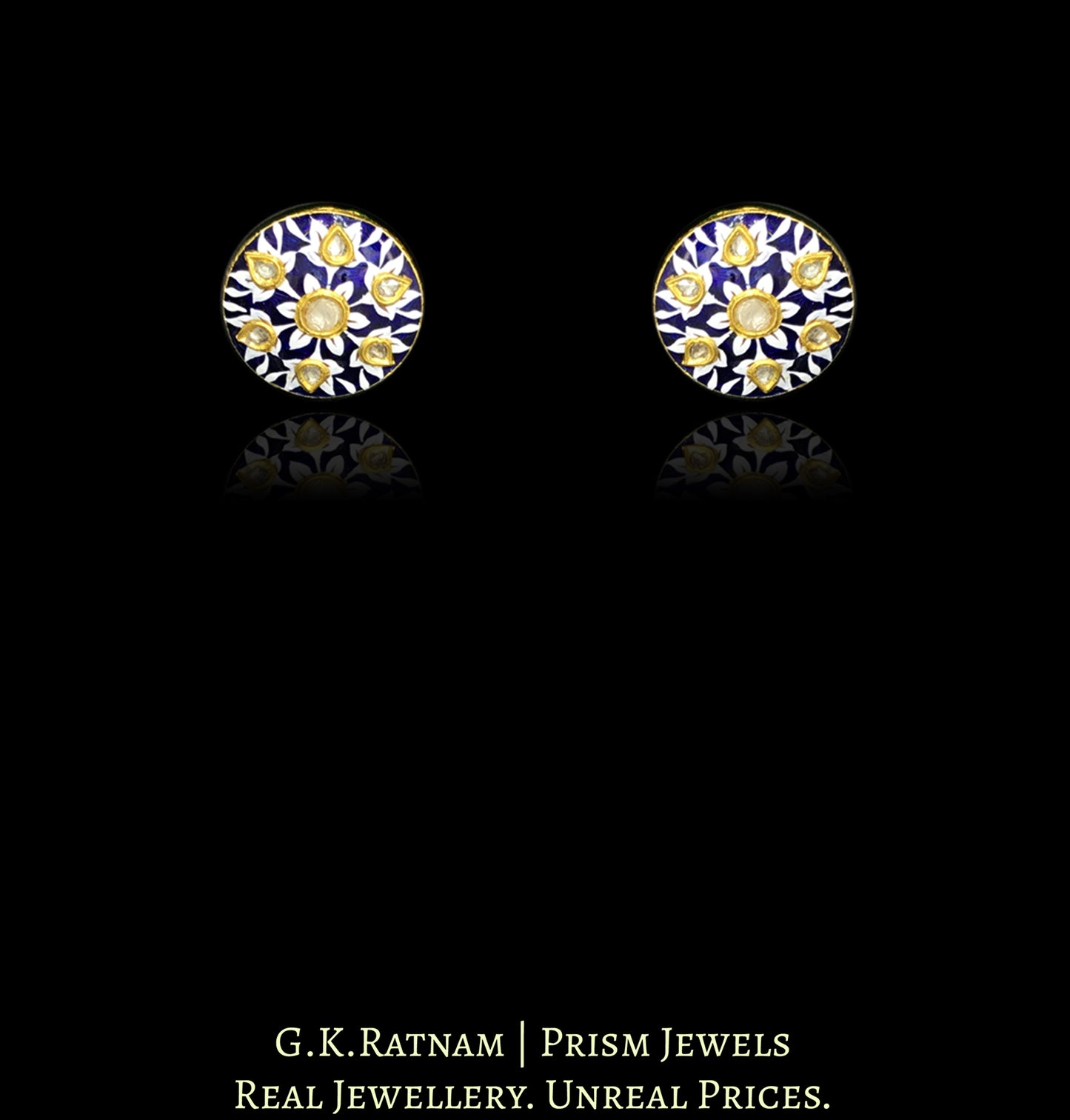 23k Gold and Diamond Polki boat-shaped Pendant Set with fine blue and white enamelling