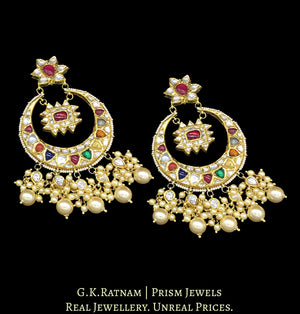 18k Gold and Diamond Polki Navratna Chand Bali Earring Pair strung with lustrous pearls - G. K. Ratnam
