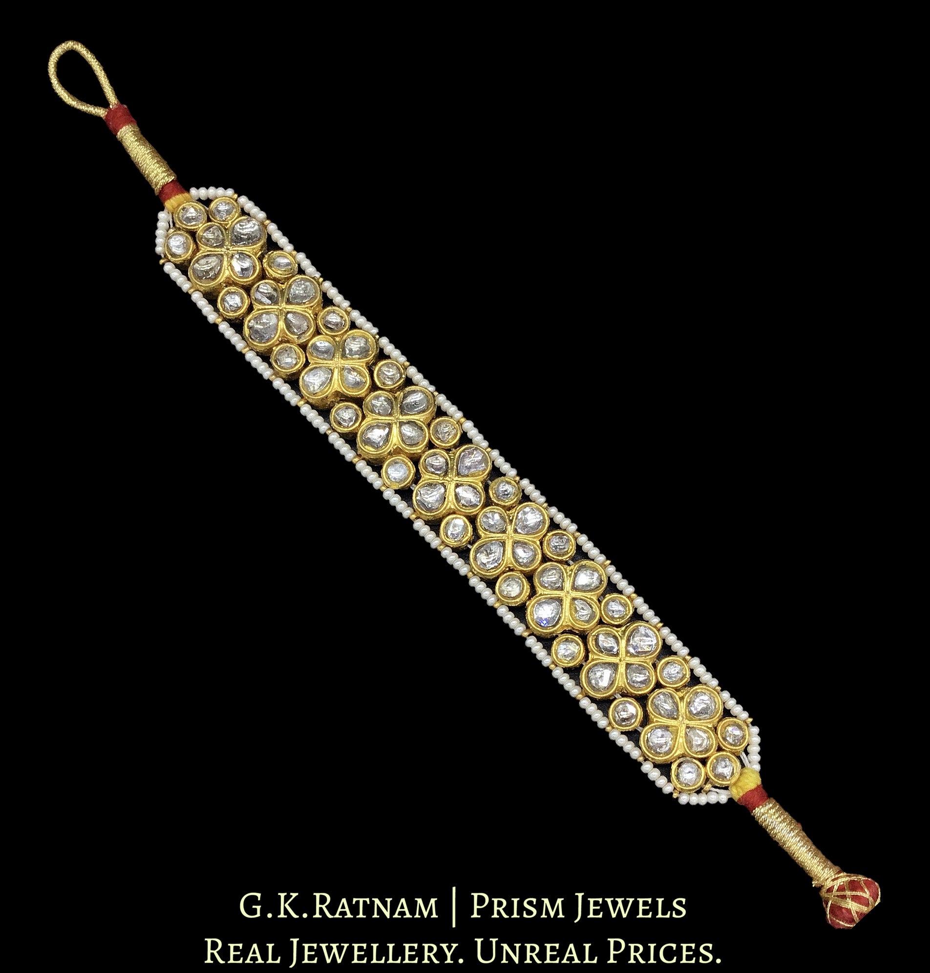 23k Gold and Diamond Polki Paunchi / Ponchi style Bracelet Pair with Floral Uncut Pieces - G. K. Ratnam