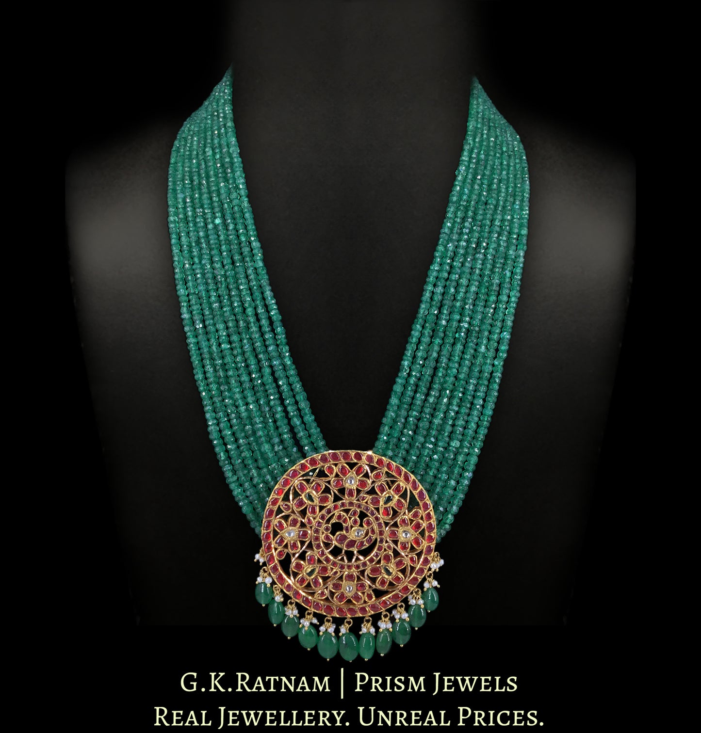 18k Gold and Diamond Polki south-style Round Pendant strung in emerald-grade Green Beryls - G. K. Ratnam