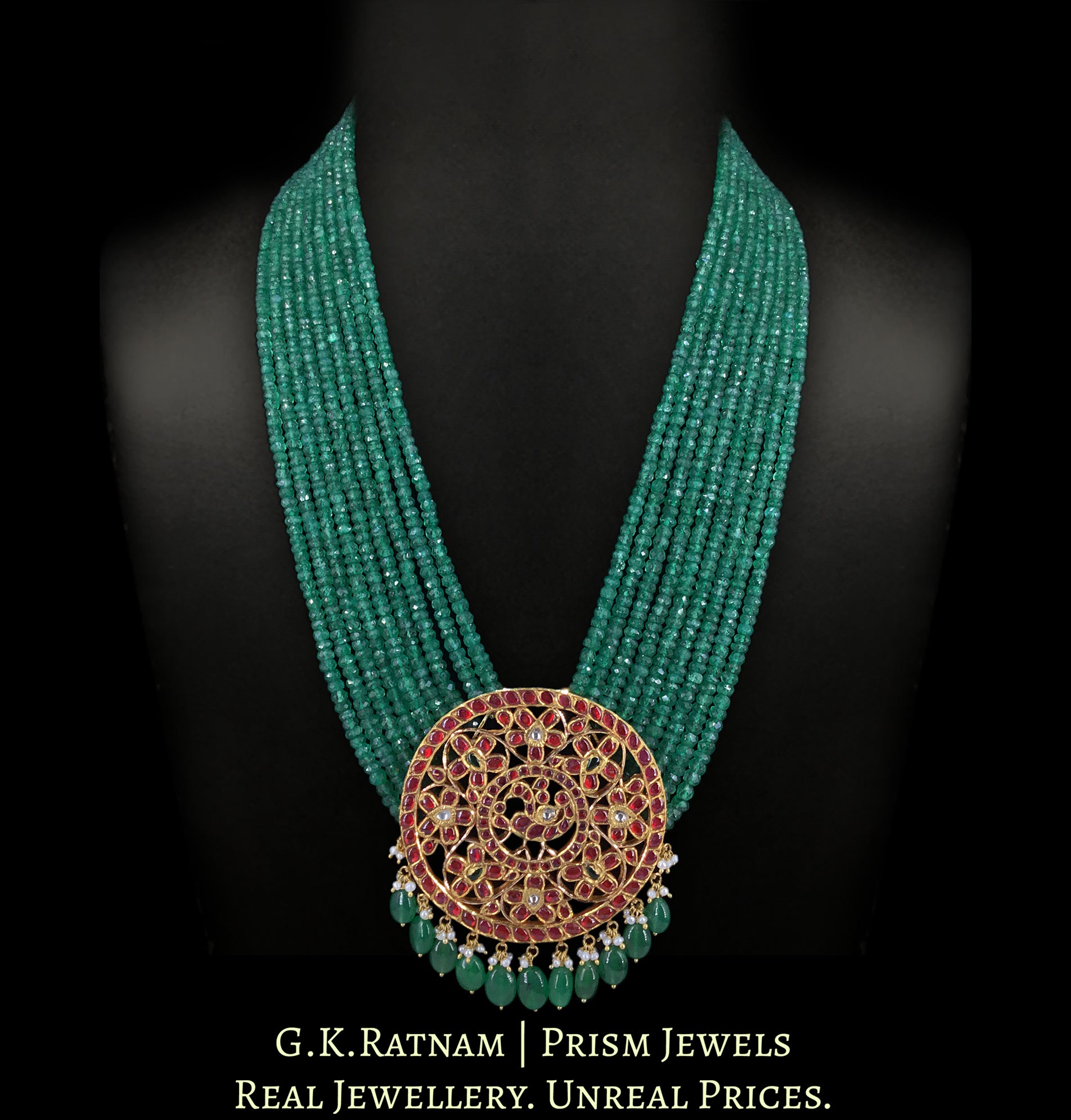 18k Gold and Diamond Polki south-style Round Pendant strung in emerald-grade Green Beryls - G. K. Ratnam
