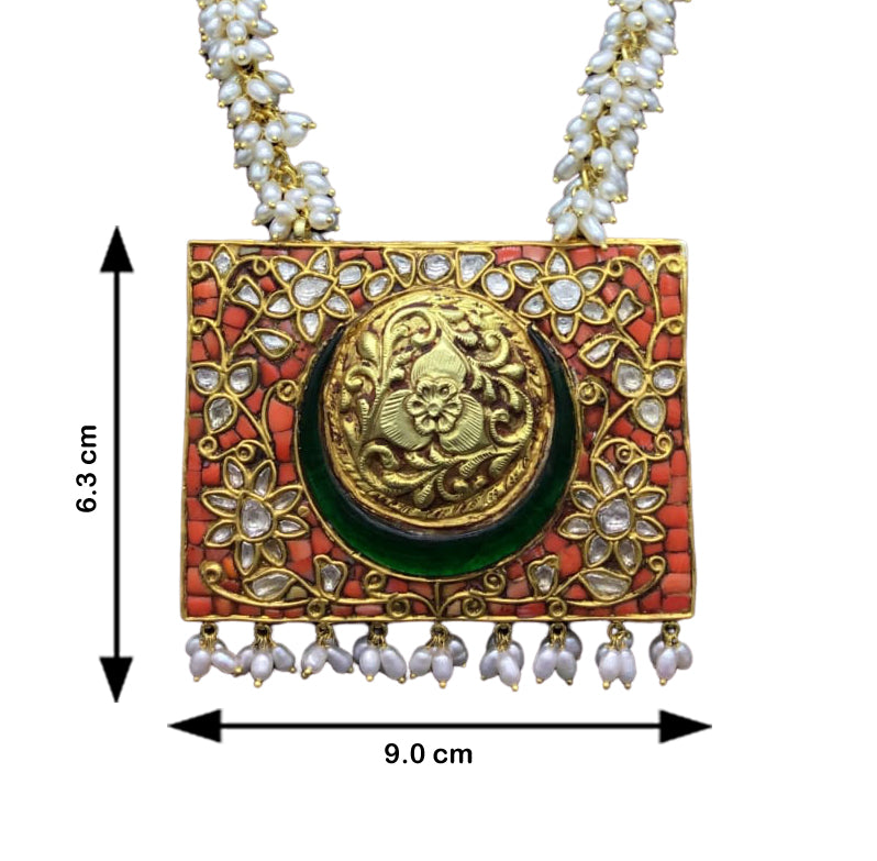 18k Gold and Diamond Polki rectangle Coral Pendant with Natural Hyderabadi Pearls