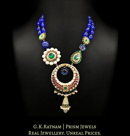 23k Gold and Diamond Polki blue-dominant hybrid Necklace with pacchi work tikdas - G. K. Ratnam