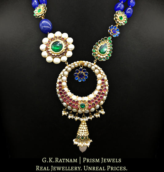 23k Gold and Diamond Polki blue-dominant hybrid Necklace with pacchi work tikdas - G. K. Ratnam