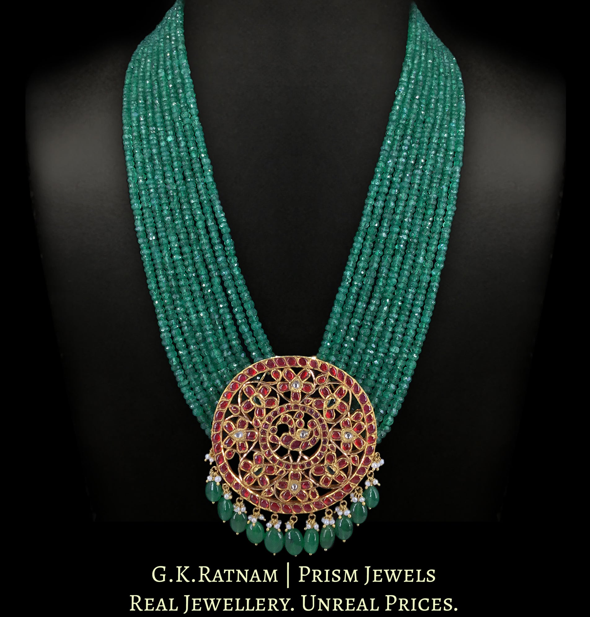 18k Gold and Diamond Polki south-style Round Pendant strung in emerald-grade Green Beryls