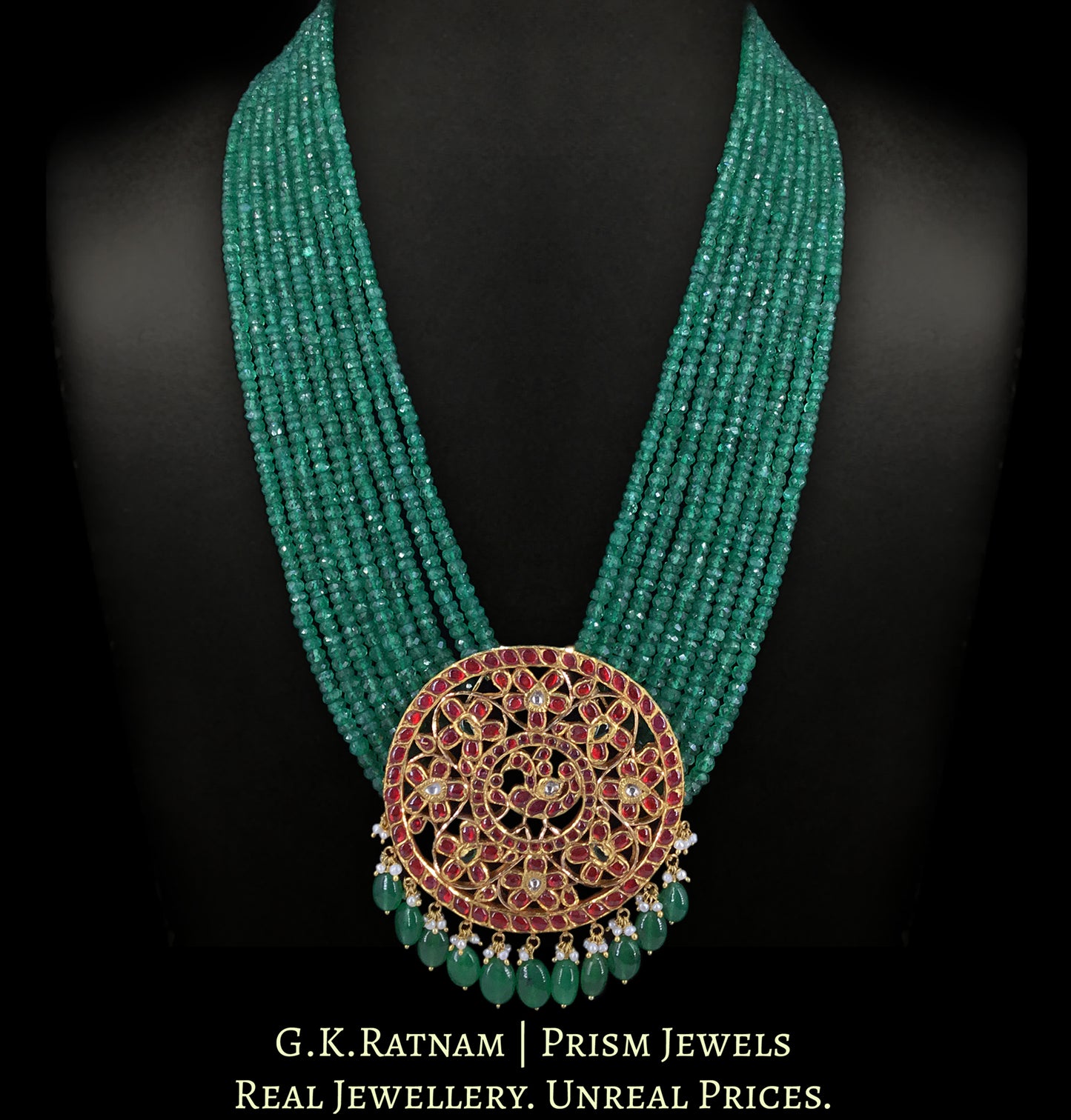 18k Gold and Diamond Polki south-style Round Pendant strung in emerald-grade Green Beryls - G. K. Ratnam