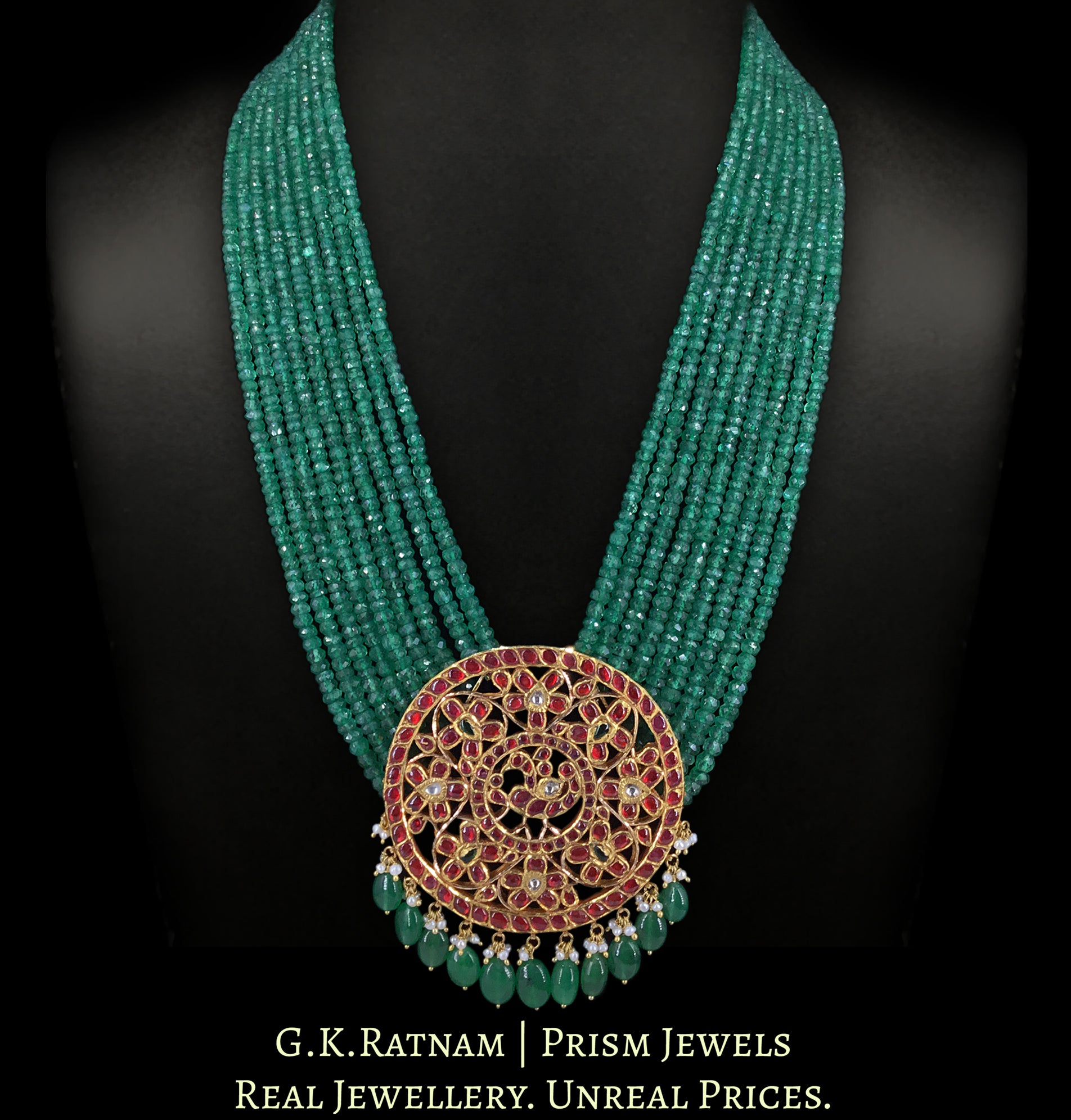 18k Gold and Diamond Polki south-style Round Pendant strung in emerald-grade Green Beryls - G. K. Ratnam