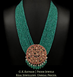 18k Gold and Diamond Polki south-style Round Pendant strung in emerald-grade Green Beryls