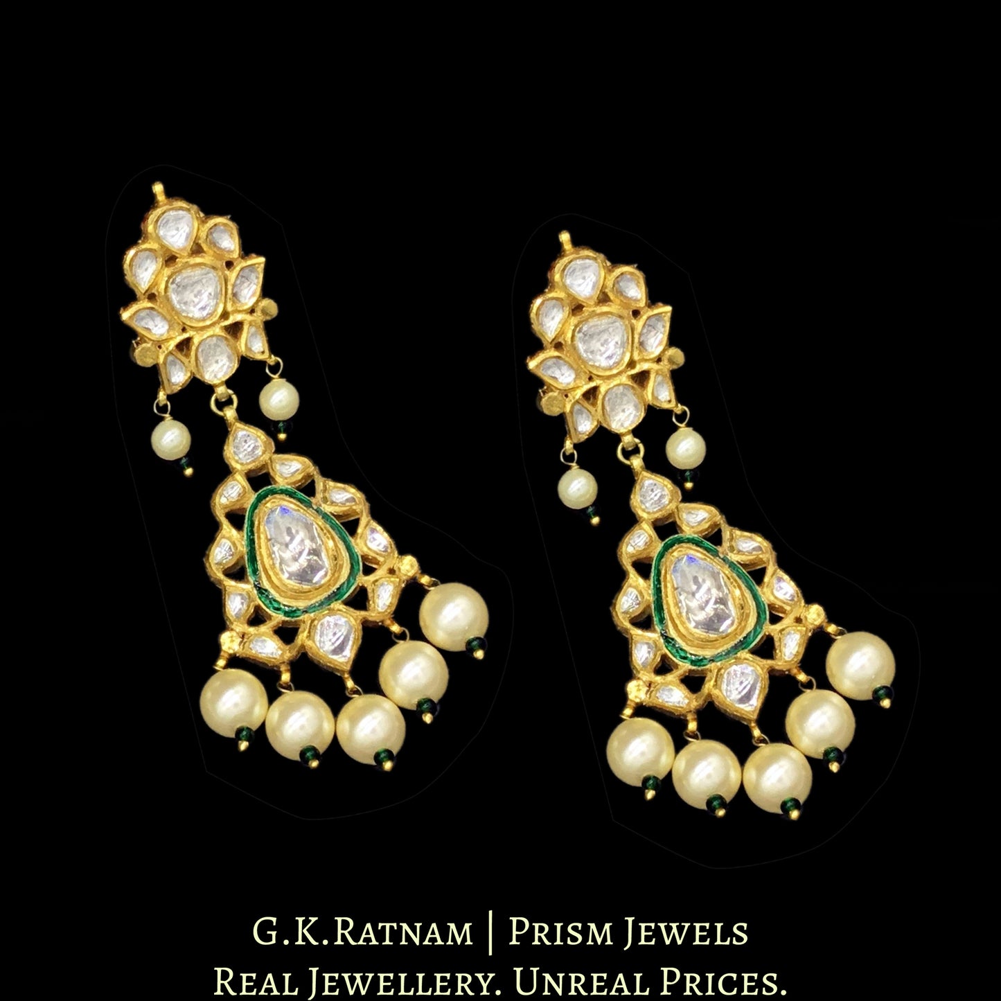 18k Gold and Diamond Polki green-enamel Necklace Set with big uncut diamonds