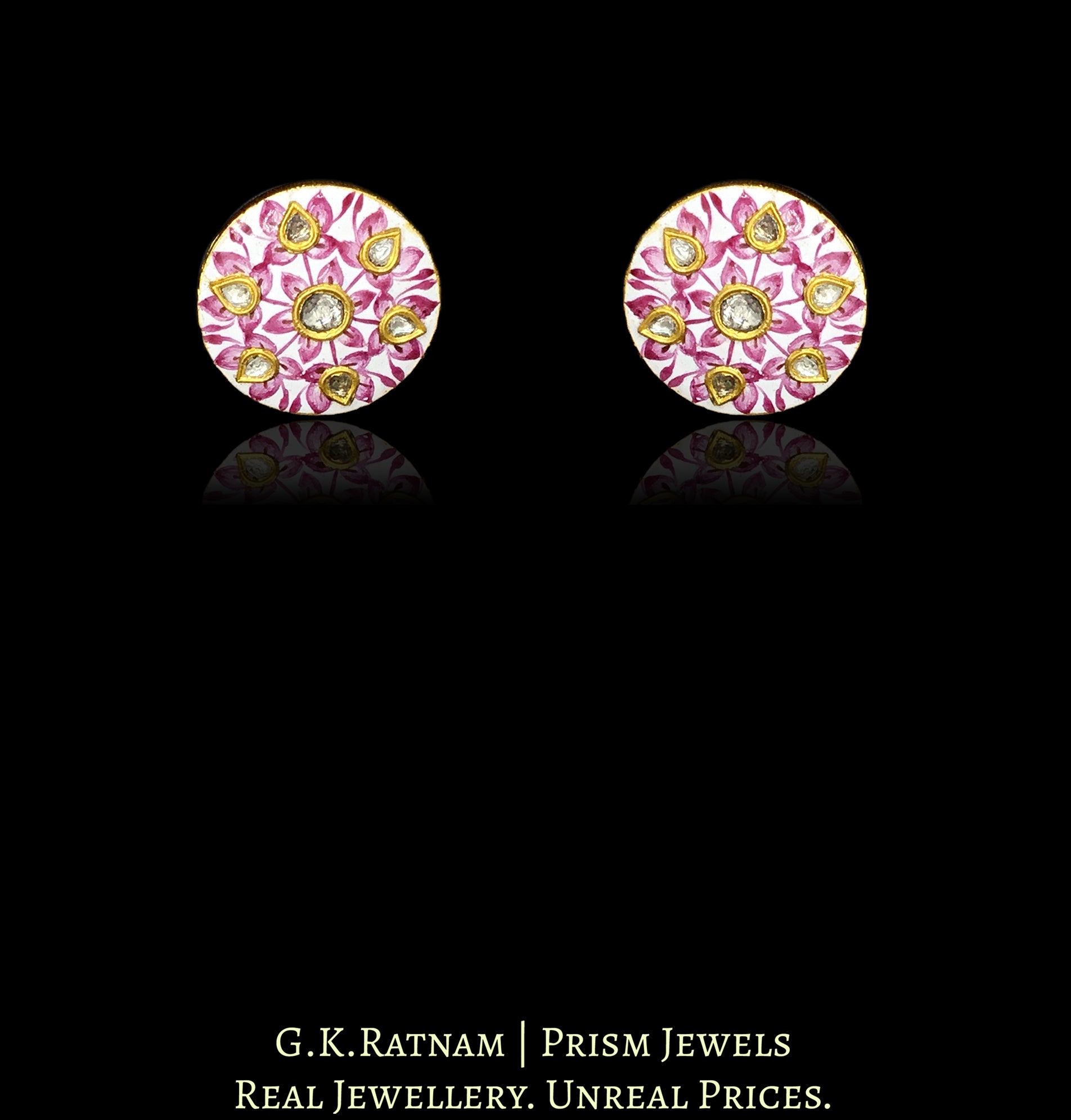 23k Gold and Diamond Polki round pink meenakari Pendant Set with pink zircons