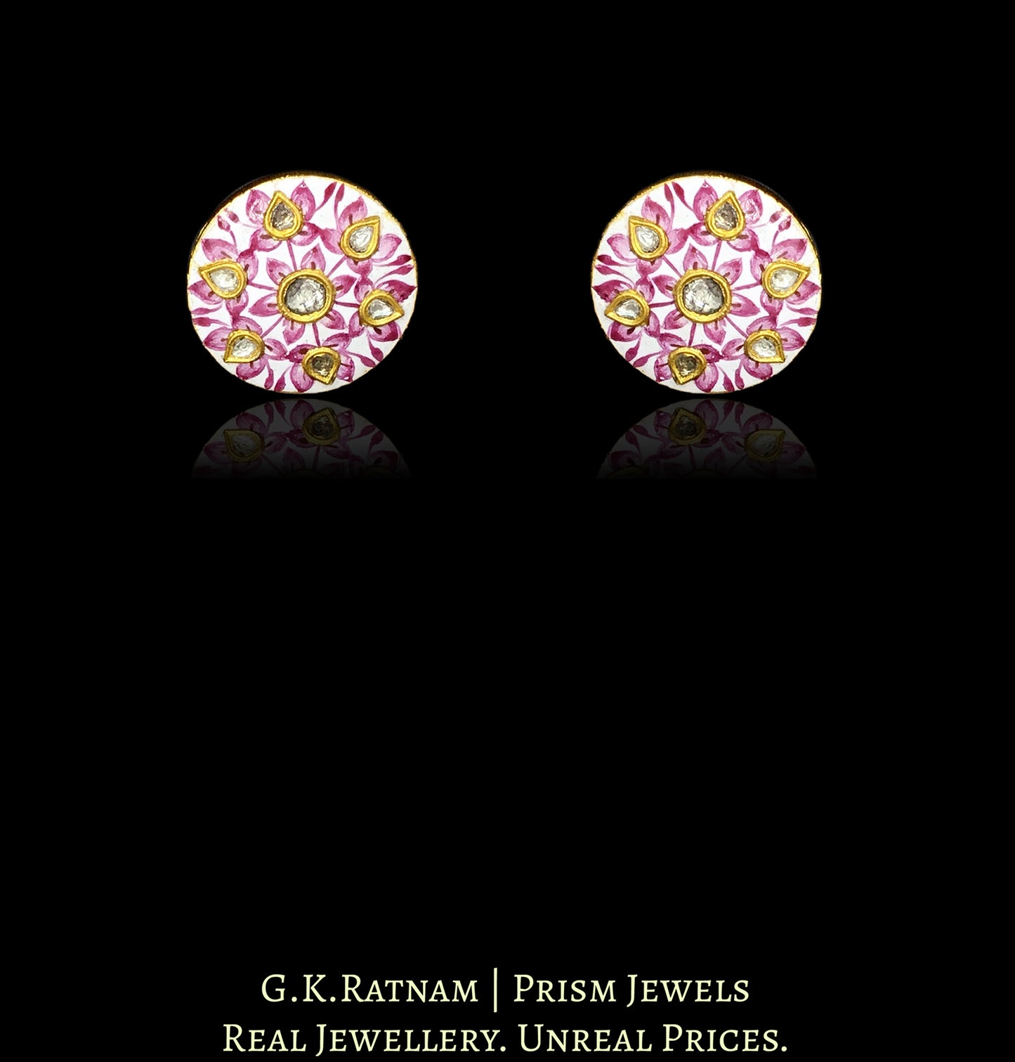 23k Gold and Diamond Polki round pink meenakari Pendant Set with pink zircons - G. K. Ratnam