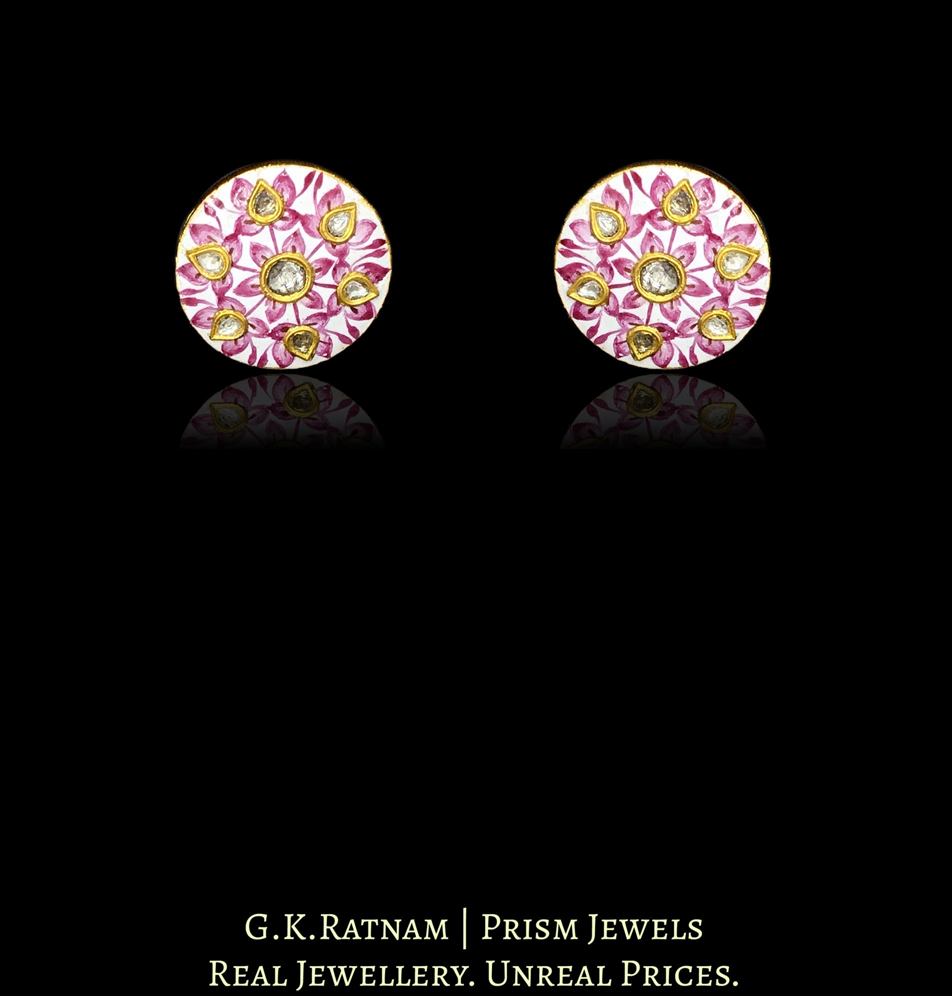 23k Gold and Diamond Polki round pink meenakari Pendant Set with pink zircons - G. K. Ratnam