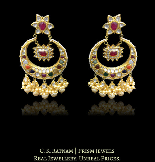 18k Gold and Diamond Polki Navratna Chand Bali Earring Pair strung with lustrous pearls - G. K. Ratnam