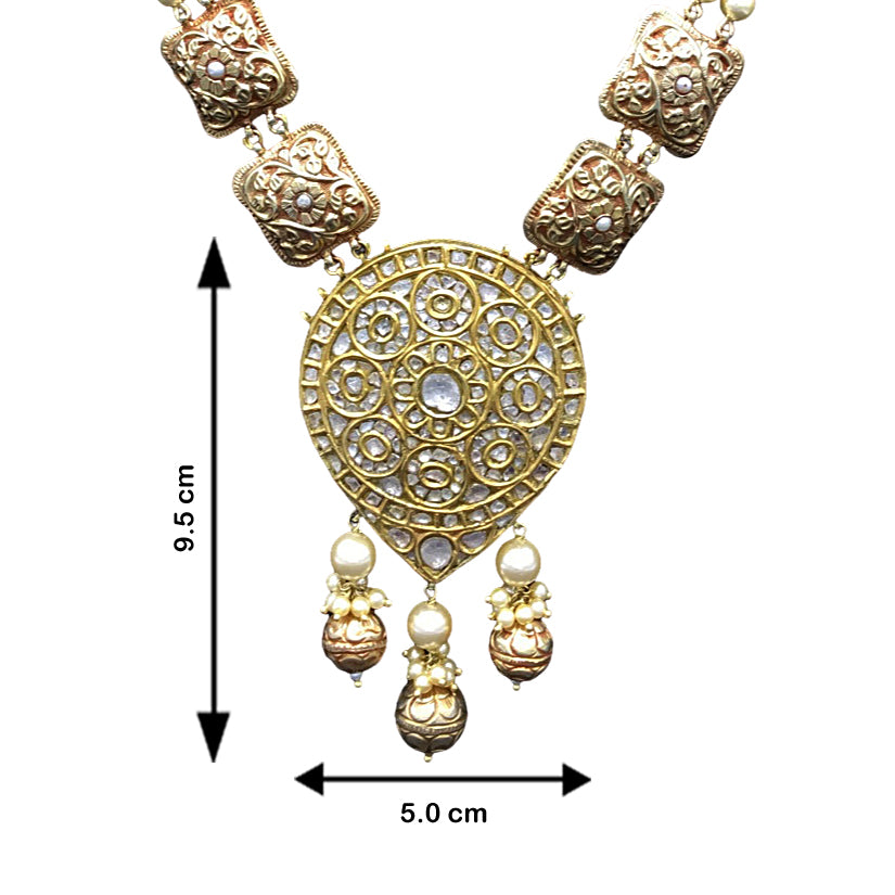 18k Gold and Diamond Polki pear-shaped Pendant strung with pearls and hand-carved golden elements - G. K. Ratnam