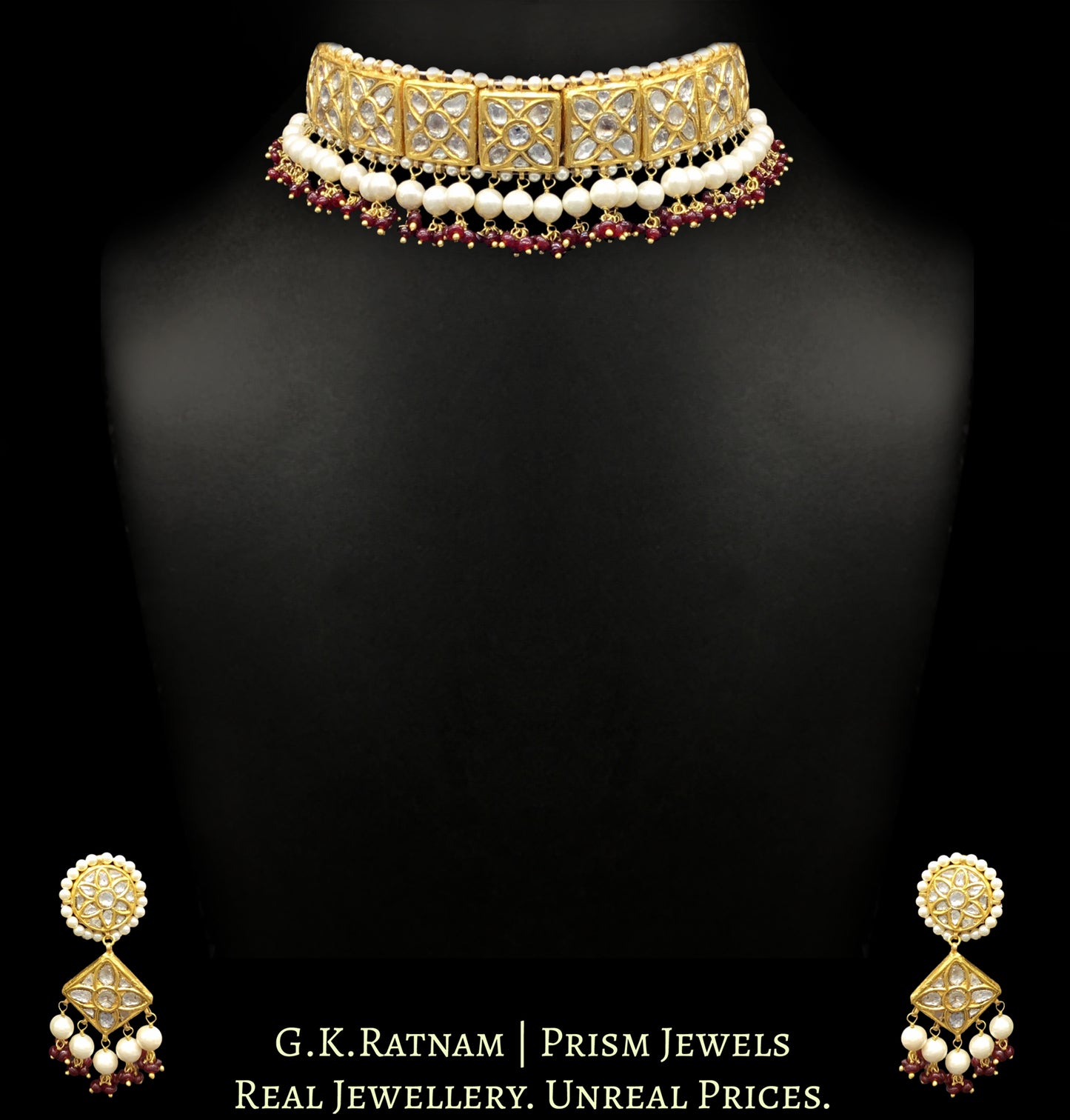 23k Gold and Diamond Polki Choker Necklace Set with Pearls and Rubies - G. K. Ratnam